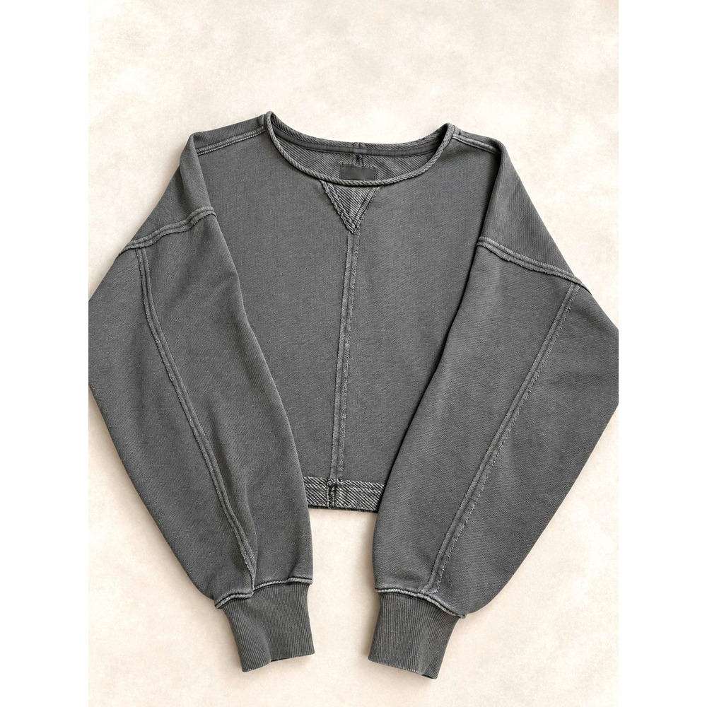 Aerie OFFLINE Cropped Gray Terry Sweatshirt Crew Neck Long Sleeve Women S